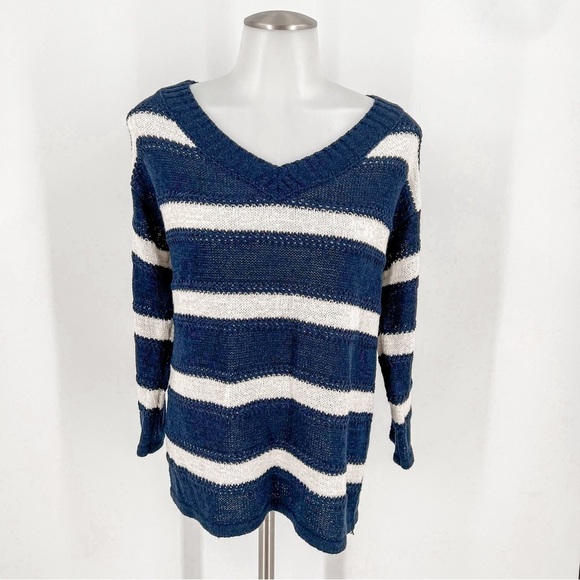 Maurices Navy Blue White Striped V-Neck Open Back Sweater - Picture 1 of 3